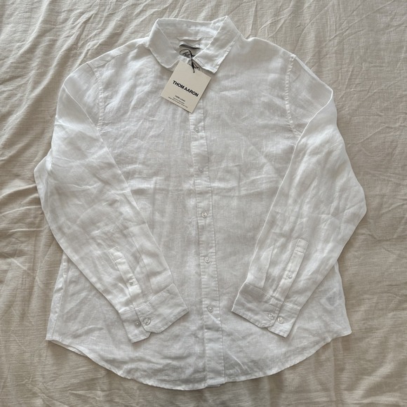 100% Pure Other - Thom Aaron Men's White Button Down European Flax 100% Linen Shirt XL Breathable